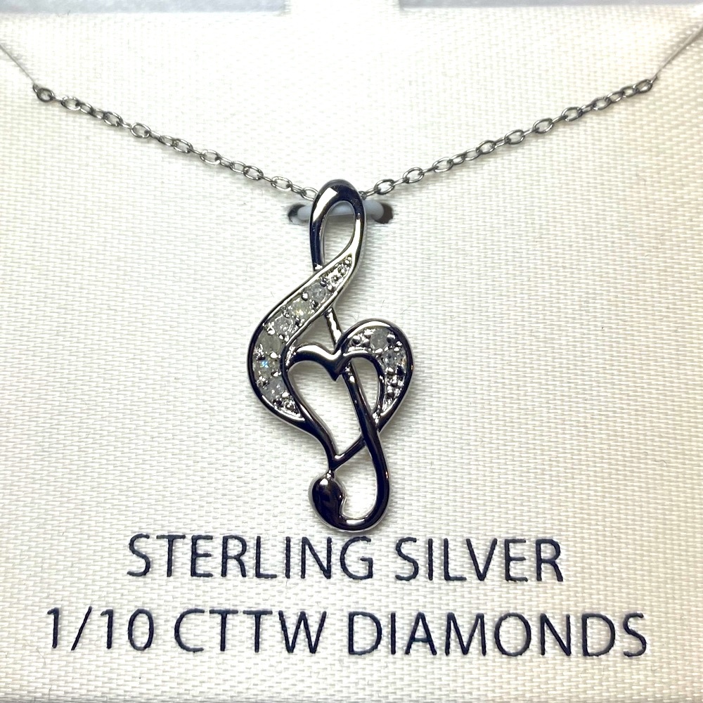 Heart Treble Clef Charm Necklace Sterling Silver 1/10 CTTW Diamonds Music Note